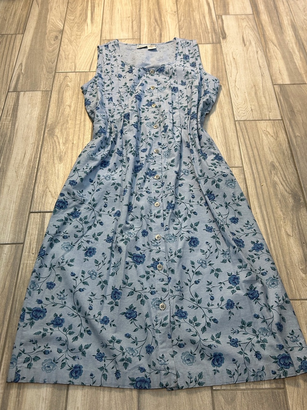 100% Cotton Vintage Blue Floral Button-Front Tank Dress Med Prairie Cottagecore